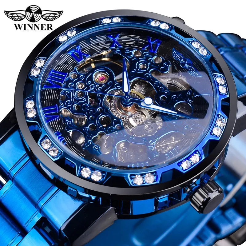 Winner Прозрачни механични часовници с диаманти, Сини часовници с виртуален скелет от неръждаема стомана, Най-добрата марка за Луксозни Бизнес светещи мъжки часовник Изображение 0