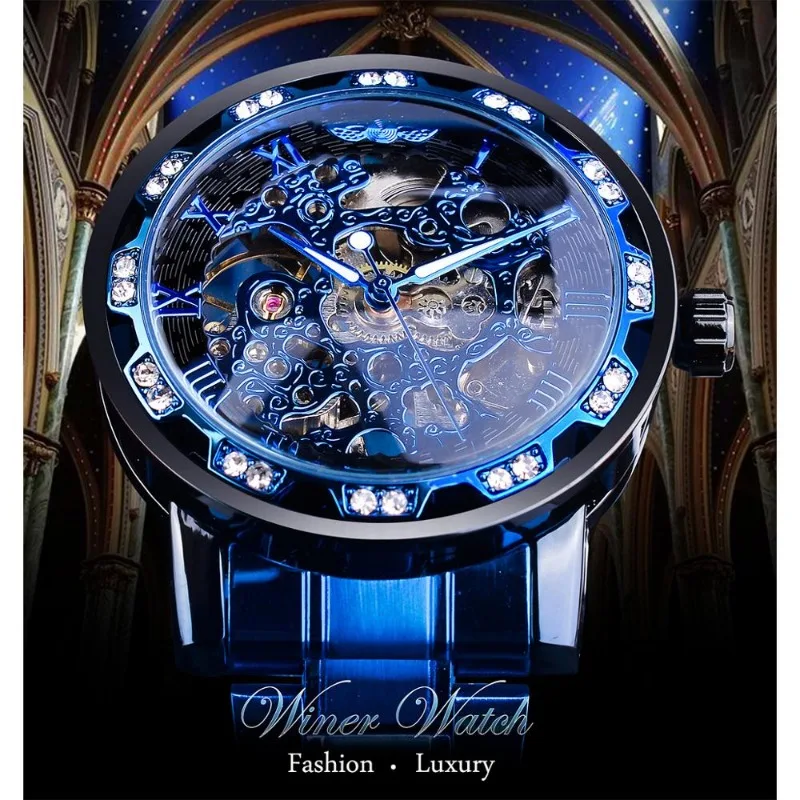 Winner Прозрачни механични часовници с диаманти, Сини часовници с виртуален скелет от неръждаема стомана, Най-добрата марка за Луксозни Бизнес светещи мъжки часовник Изображение 1