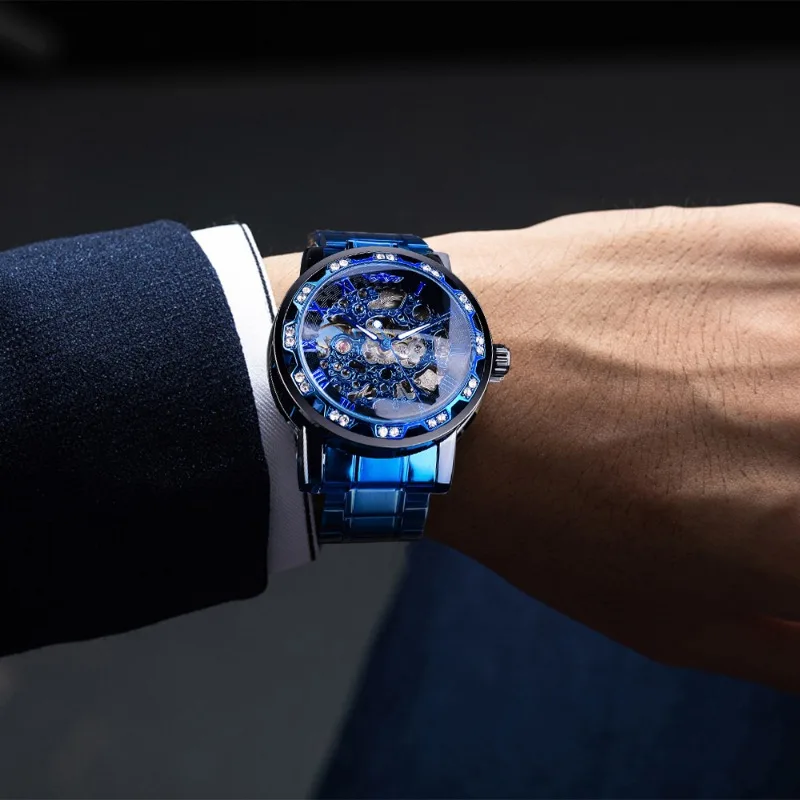 Winner Прозрачни механични часовници с диаманти, Сини часовници с виртуален скелет от неръждаема стомана, Най-добрата марка за Луксозни Бизнес светещи мъжки часовник Изображение 2