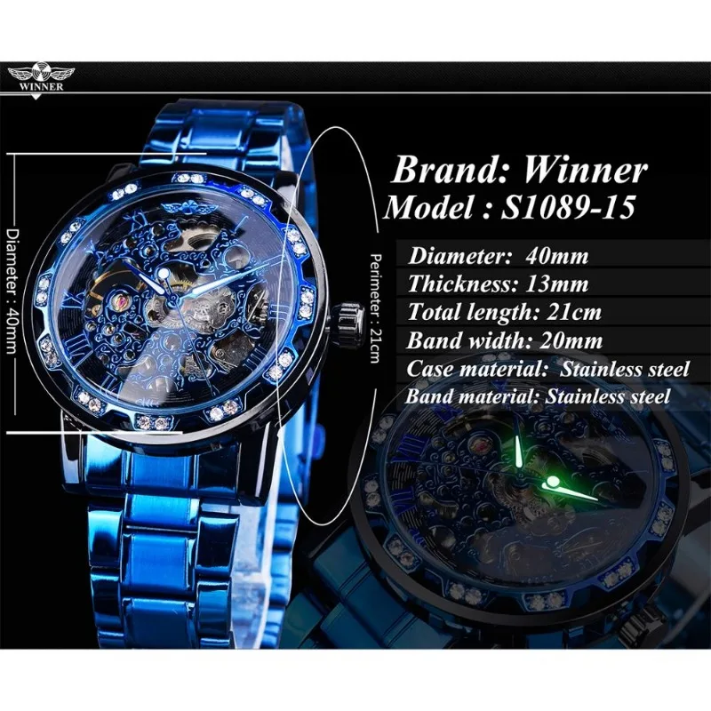 Winner Прозрачни механични часовници с диаманти, Сини часовници с виртуален скелет от неръждаема стомана, Най-добрата марка за Луксозни Бизнес светещи мъжки часовник Изображение 3