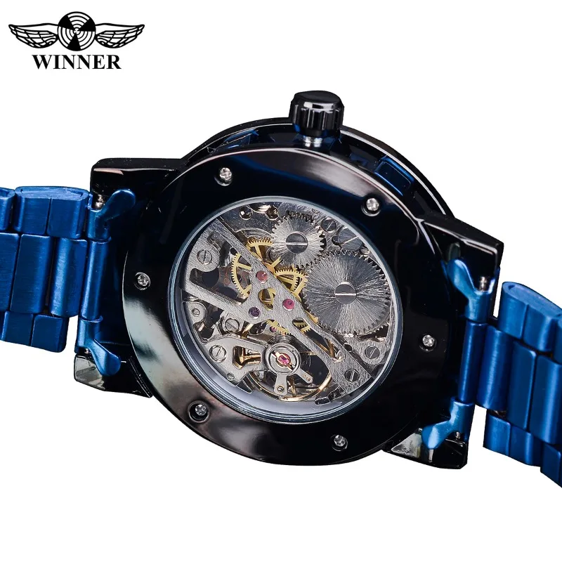 Winner Прозрачни механични часовници с диаманти, Сини часовници с виртуален скелет от неръждаема стомана, Най-добрата марка за Луксозни Бизнес светещи мъжки часовник Изображение 4