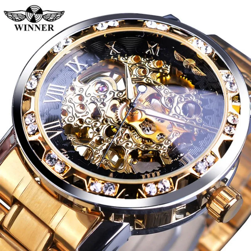 Winner Прозрачни механични часовници с диаманти, Сини часовници с виртуален скелет от неръждаема стомана, Най-добрата марка за Луксозни Бизнес светещи мъжки часовник Изображение 5