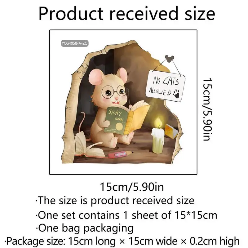 3D Дупка за мишки Реалистична стикер на стената Реалистична мишката, за четене на книга, Светещи в тъмното етикети 15 *15 см /5,9 * 5.9 инча с Реалистични мишката Изображение 5