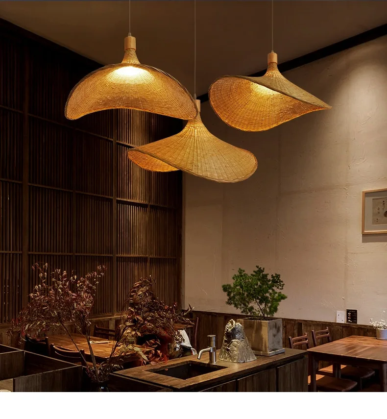 Плетени бамбукови led висящи осветителни тела с ръчно изработени, Тавана Ретро окачен лампа от ратан за трапезария, Полилеи, Висящи дизайн Изображение 5