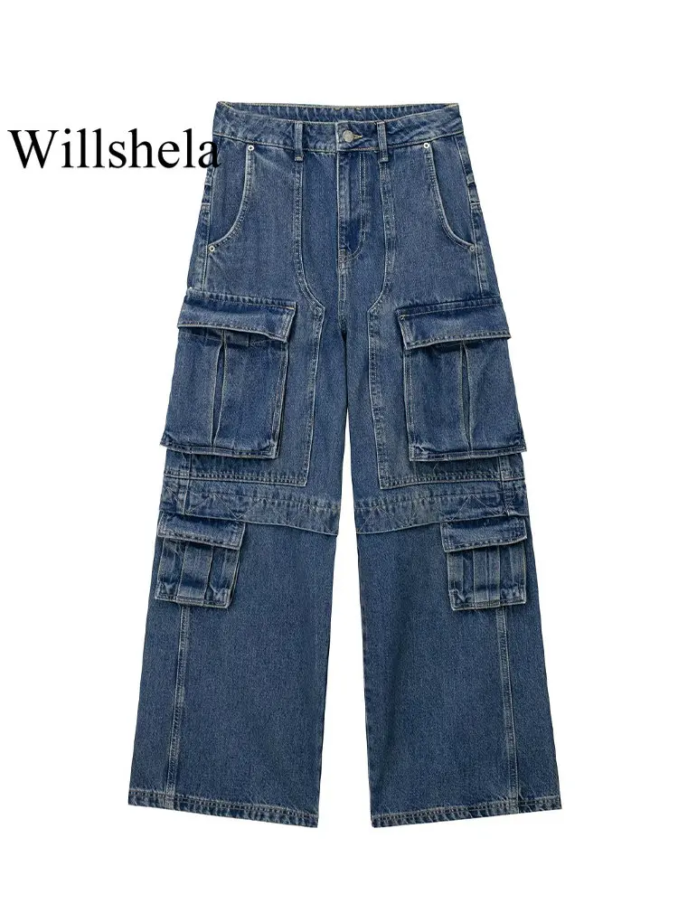 Willshela, дамски модерен панталон-карго от син деним с цип отпред, Реколта женски луксозни дънки с висока талия Изображение 0