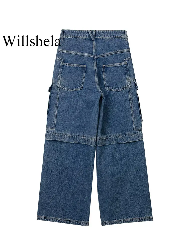 Willshela, дамски модерен панталон-карго от син деним с цип отпред, Реколта женски луксозни дънки с висока талия Изображение 1
