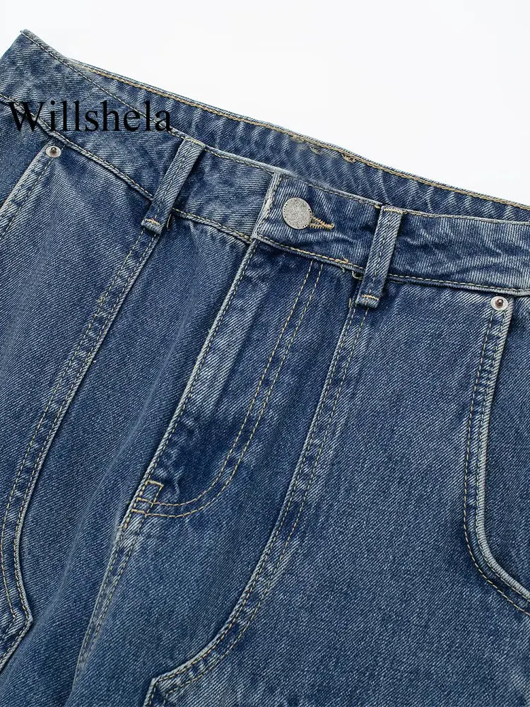 Willshela, дамски модерен панталон-карго от син деним с цип отпред, Реколта женски луксозни дънки с висока талия Изображение 2