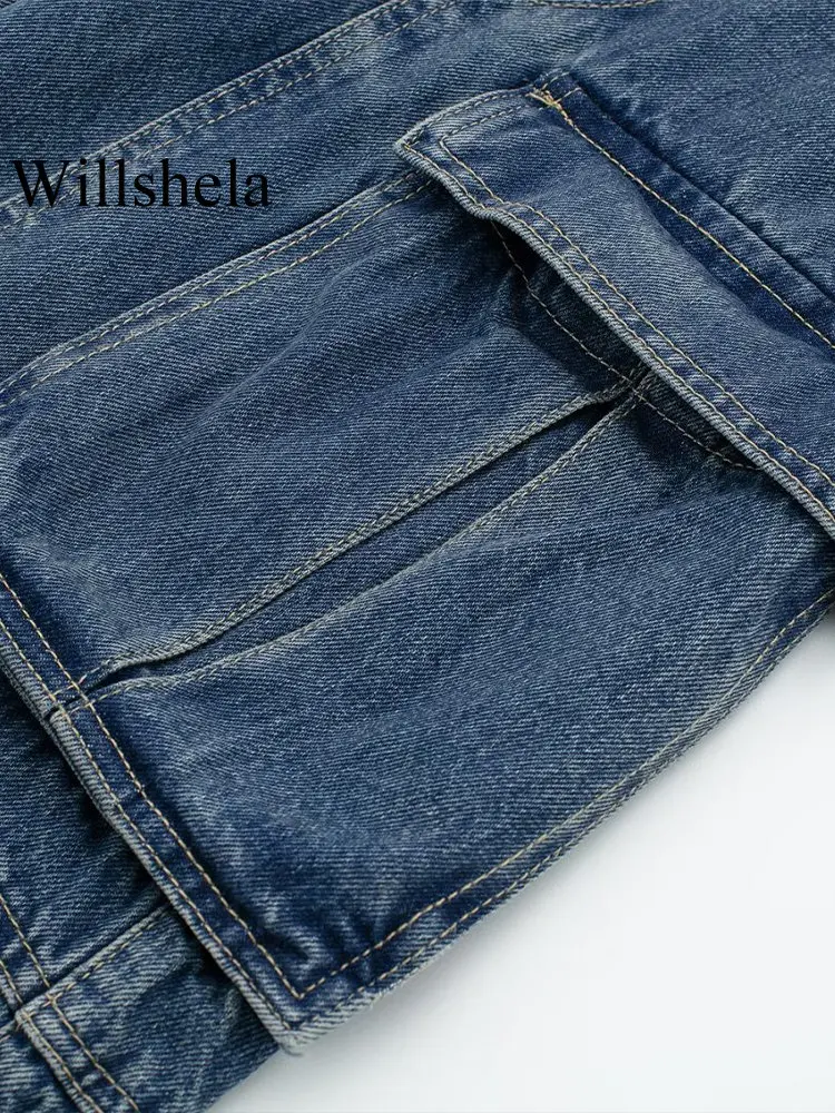 Willshela, дамски модерен панталон-карго от син деним с цип отпред, Реколта женски луксозни дънки с висока талия Изображение 3