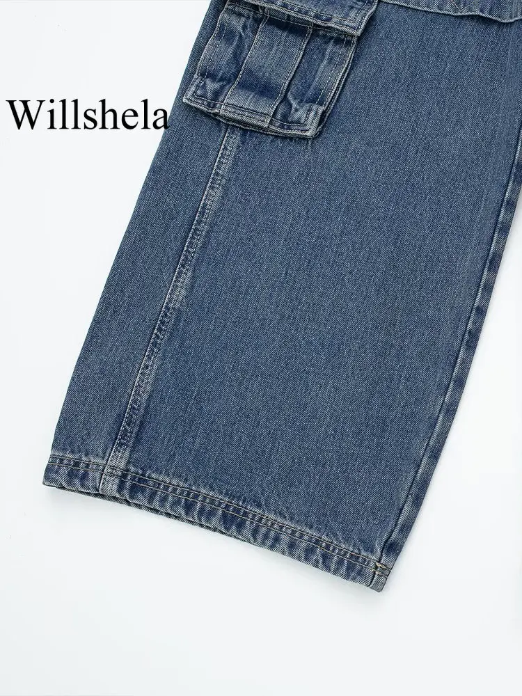 Willshela, дамски модерен панталон-карго от син деним с цип отпред, Реколта женски луксозни дънки с висока талия Изображение 4