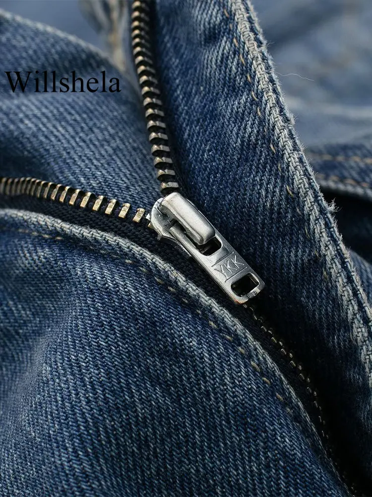 Willshela, дамски модерен панталон-карго от син деним с цип отпред, Реколта женски луксозни дънки с висока талия Изображение 5
