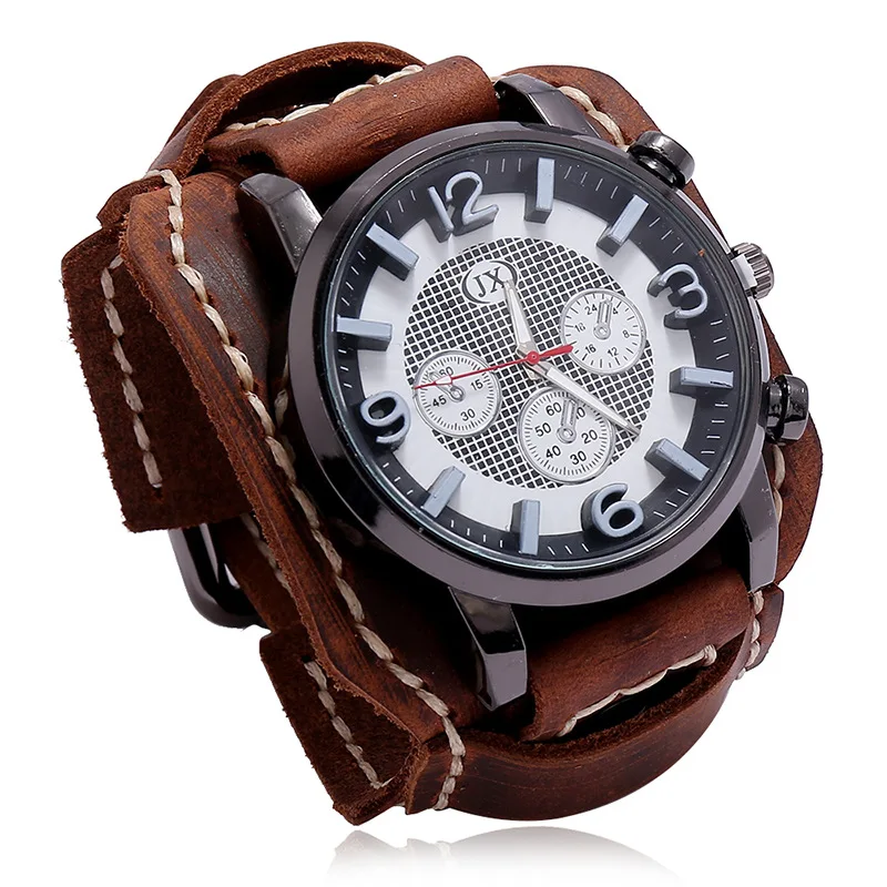 Нови ретро Мъжки часовник от естествена кожа, с широка каишка за часовник, Модни кварцови часовници в стил пънк за мъже 2023, гривни от телешка кожа Изображение 0