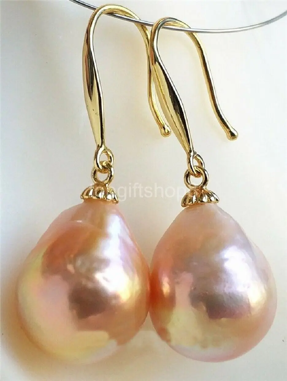 Обици с розови перли в бароков стил, AAA мм Южнокитайско море от злато 14 Изображение 0