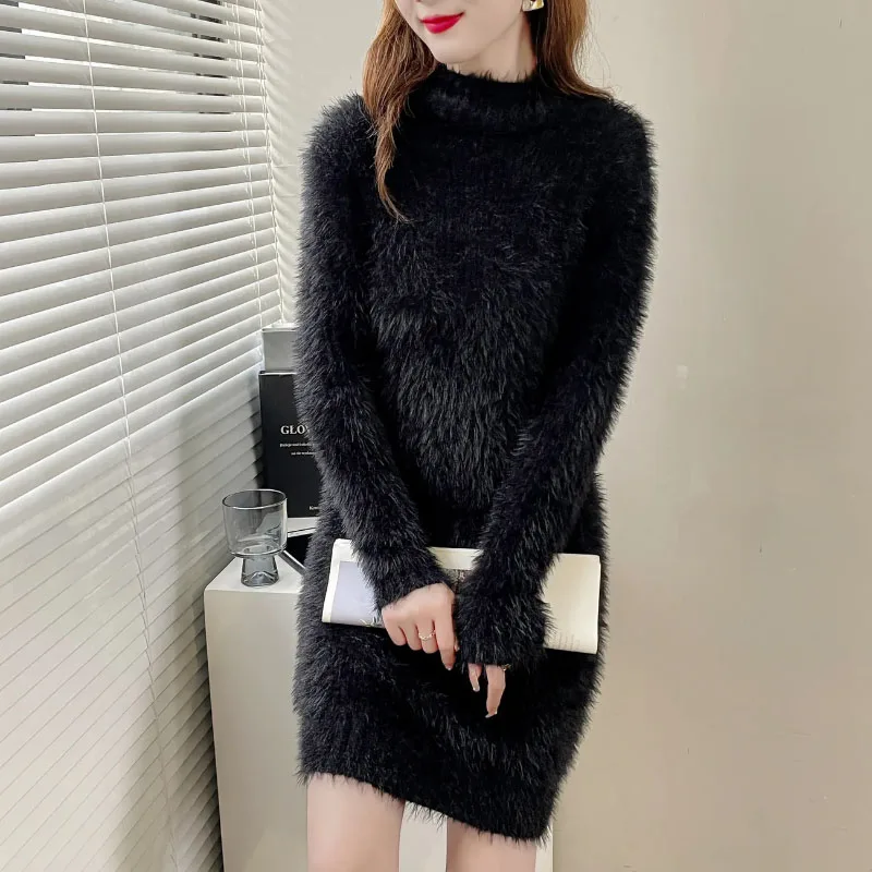 Жена пуловер, пуловер, Новата есенно-зимни дрехи, имитация руно дупки със средна дължина, на корейското дълго трикотажное основно рокля-риза Изображение 0