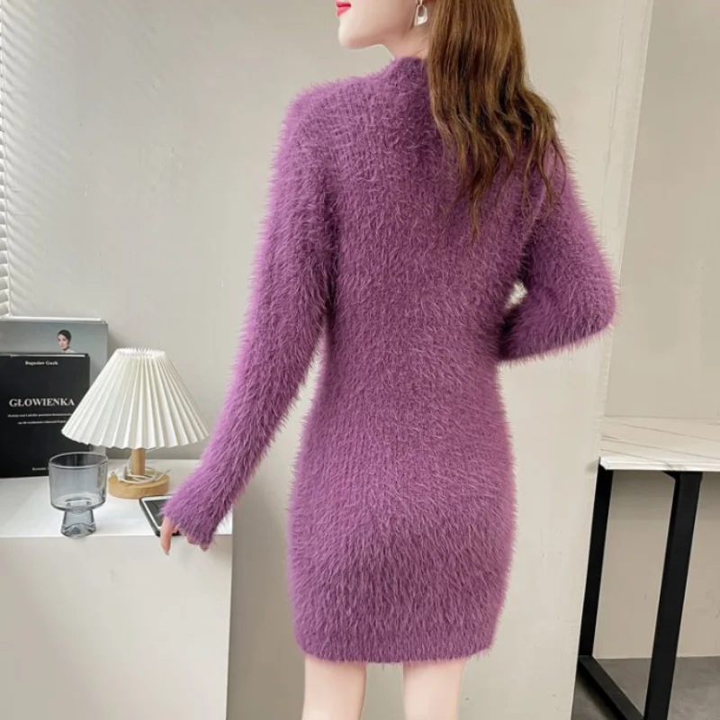Жена пуловер, пуловер, Новата есенно-зимни дрехи, имитация руно дупки със средна дължина, на корейското дълго трикотажное основно рокля-риза Изображение 1
