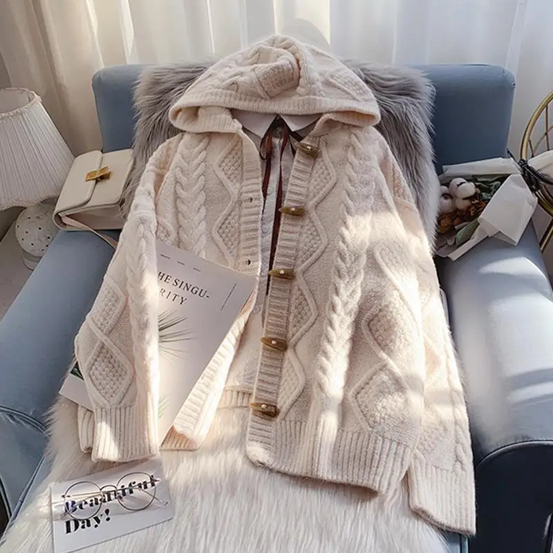 Пуловер с качулка, палта есен-зима 2023, нова дамска свободна горна дреха, мързелив вязаный жилетка Изображение 0