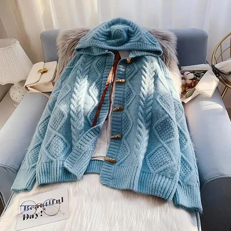 Пуловер с качулка, палта есен-зима 2023, нова дамска свободна горна дреха, мързелив вязаный жилетка Изображение 1