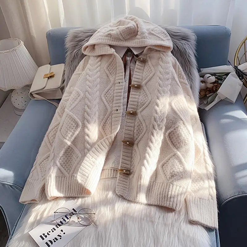 Пуловер с качулка, палта есен-зима 2023, нова дамска свободна горна дреха, мързелив вязаный жилетка Изображение 3