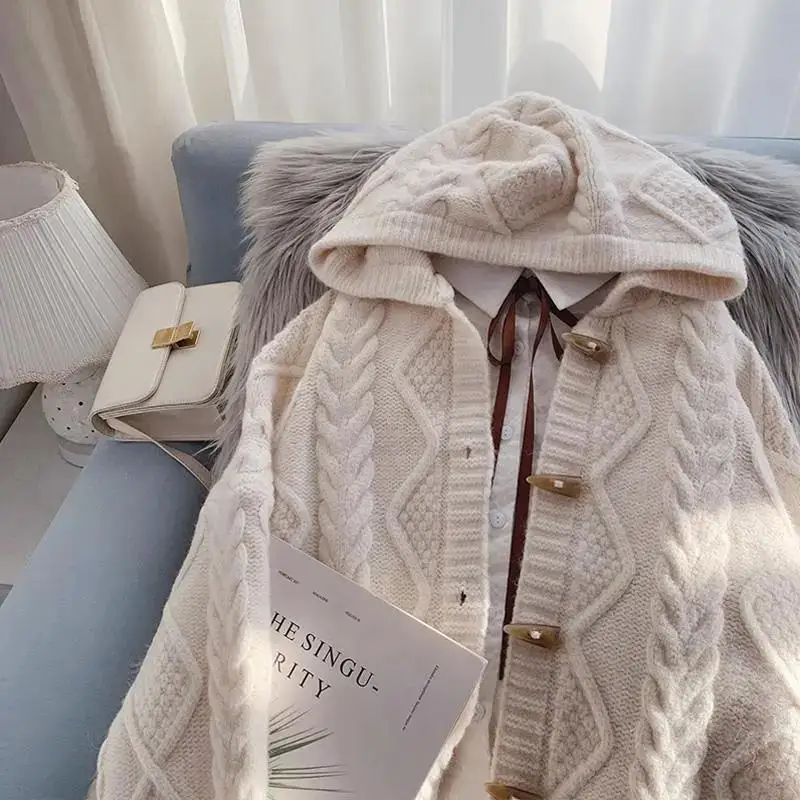 Пуловер с качулка, палта есен-зима 2023, нова дамска свободна горна дреха, мързелив вязаный жилетка Изображение 4