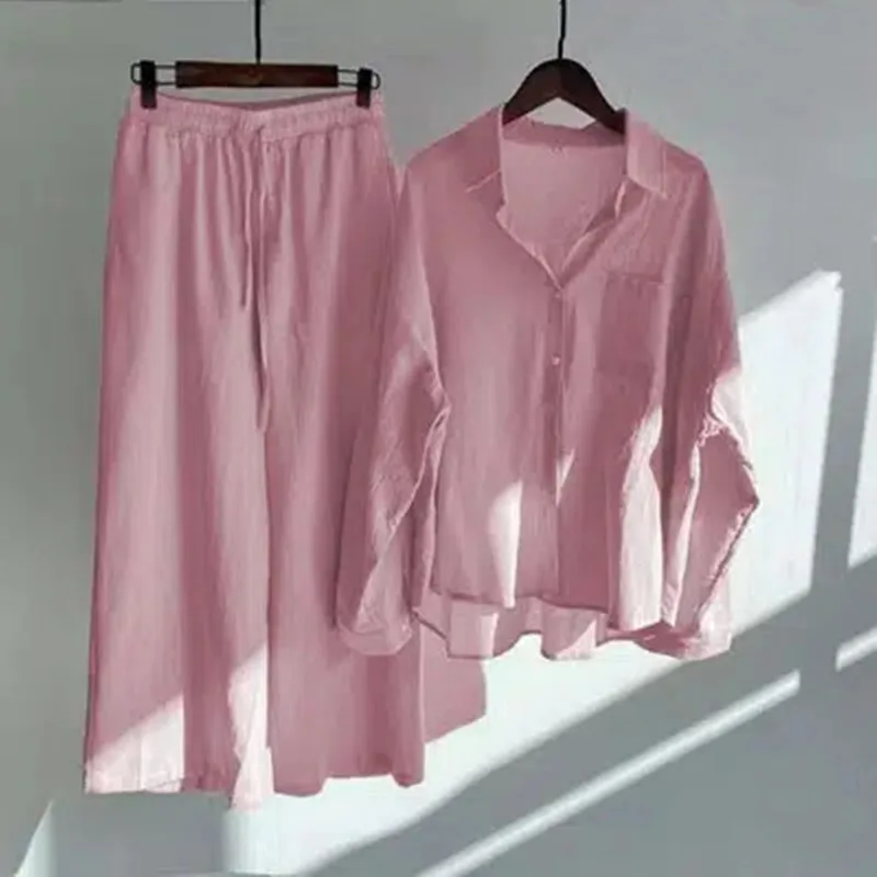 Пролетен комплект дамско облекло - ризи с копчета с джобове и панталони на експозиции, са подходящи за ежедневна и ефектен начин Изображение 4