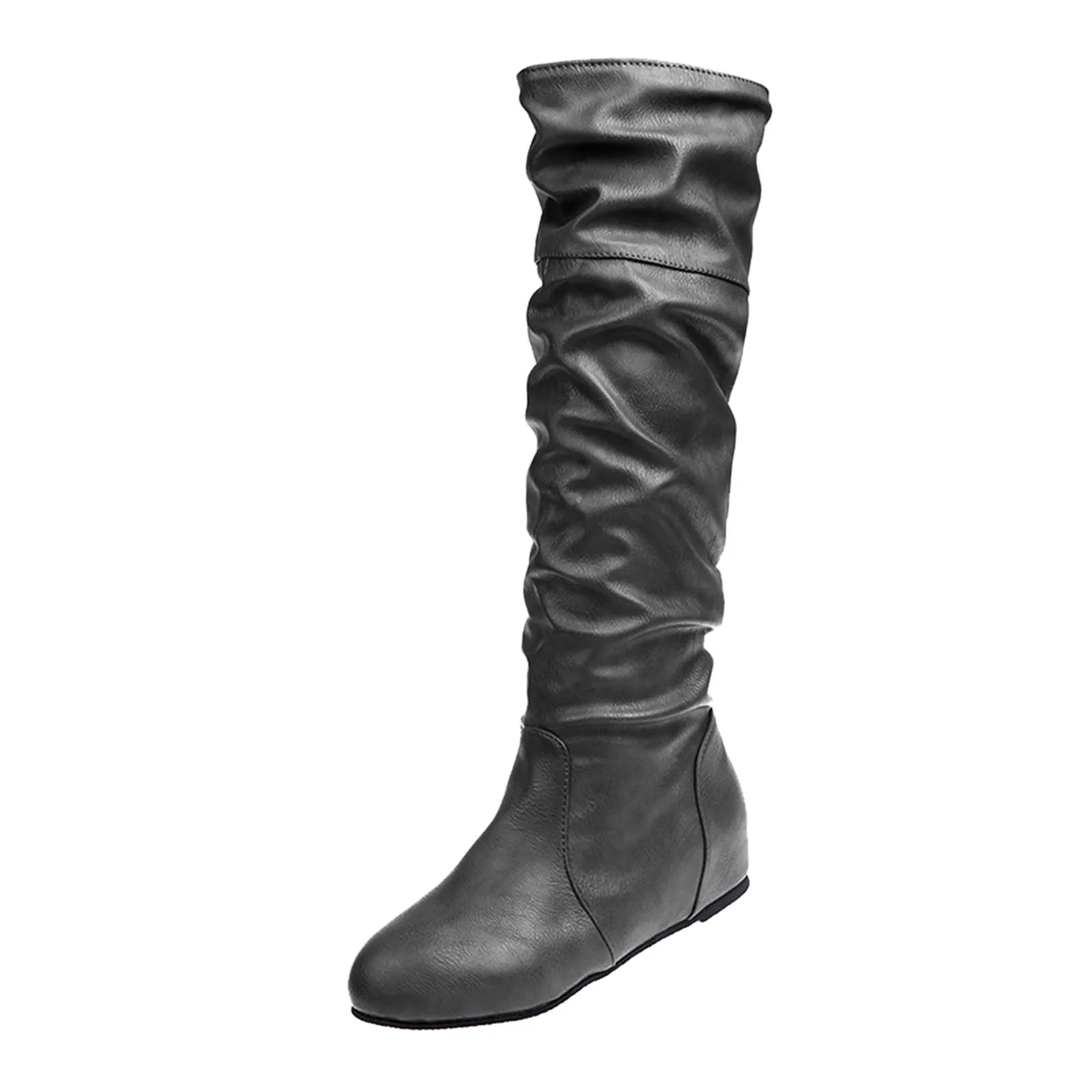 Дамски нагънат обувки до средата на прасците, женски ботуши на равна подметка с кръгло бомбе, модни модерни обувки, Зима-есен, обикновена удобни универсални дамски обувки Изображение 4