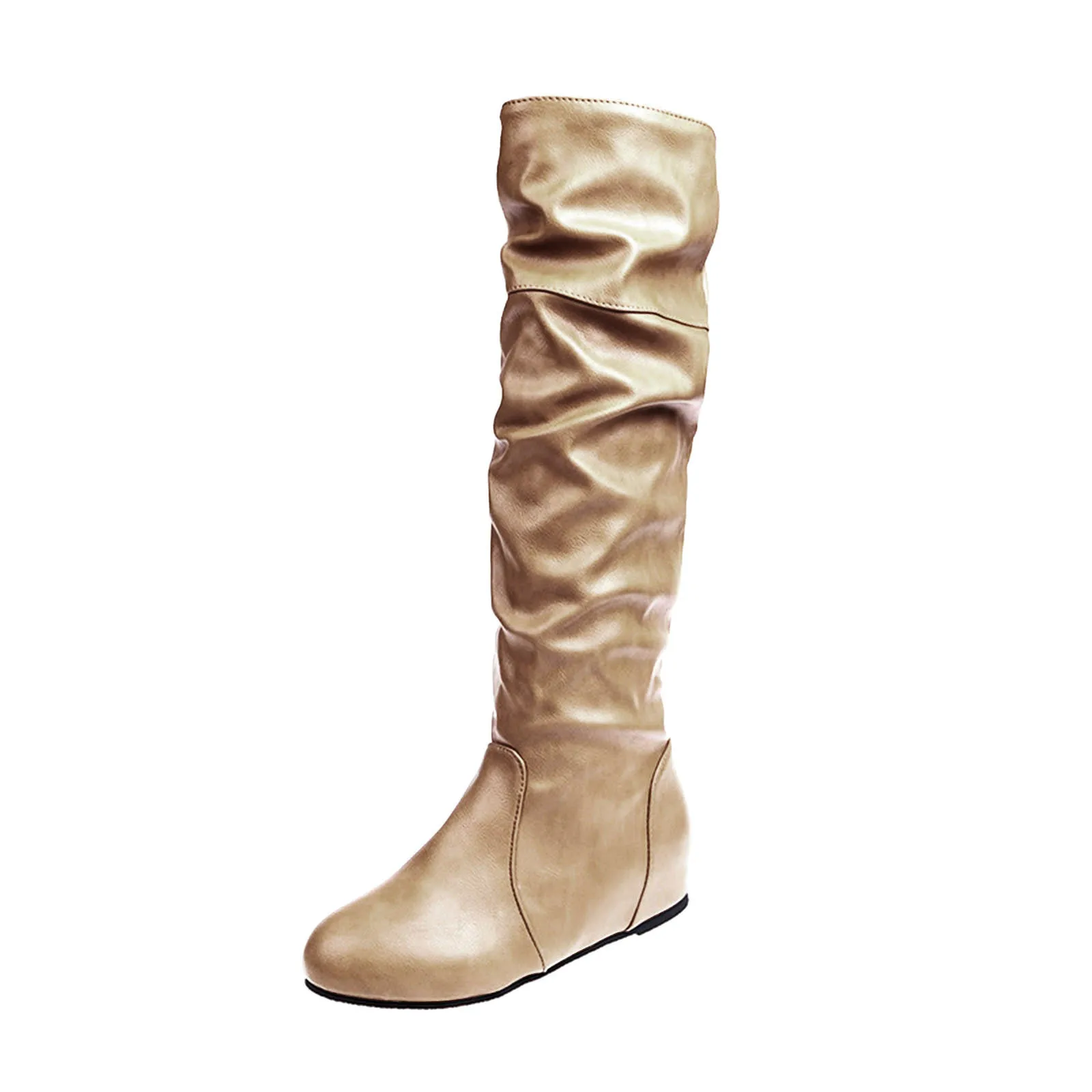 Дамски нагънат обувки до средата на прасците, женски ботуши на равна подметка с кръгло бомбе, модни модерни обувки, Зима-есен, обикновена удобни универсални дамски обувки Изображение 5
