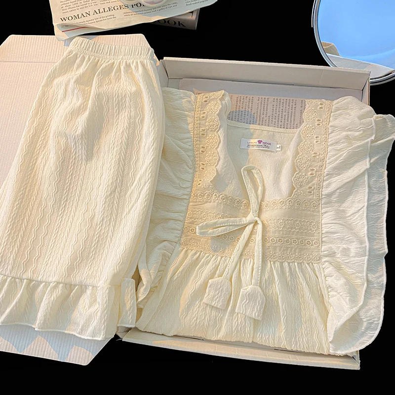 Обикновен пижамный комплект от фин памук с къс ръкав, Лятна домашно облекло в стил сладка принцеса Изображение 0