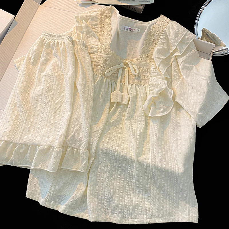 Обикновен пижамный комплект от фин памук с къс ръкав, Лятна домашно облекло в стил сладка принцеса Изображение 1