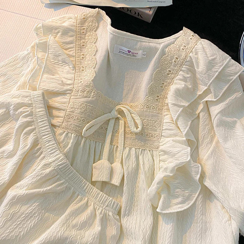 Обикновен пижамный комплект от фин памук с къс ръкав, Лятна домашно облекло в стил сладка принцеса Изображение 3