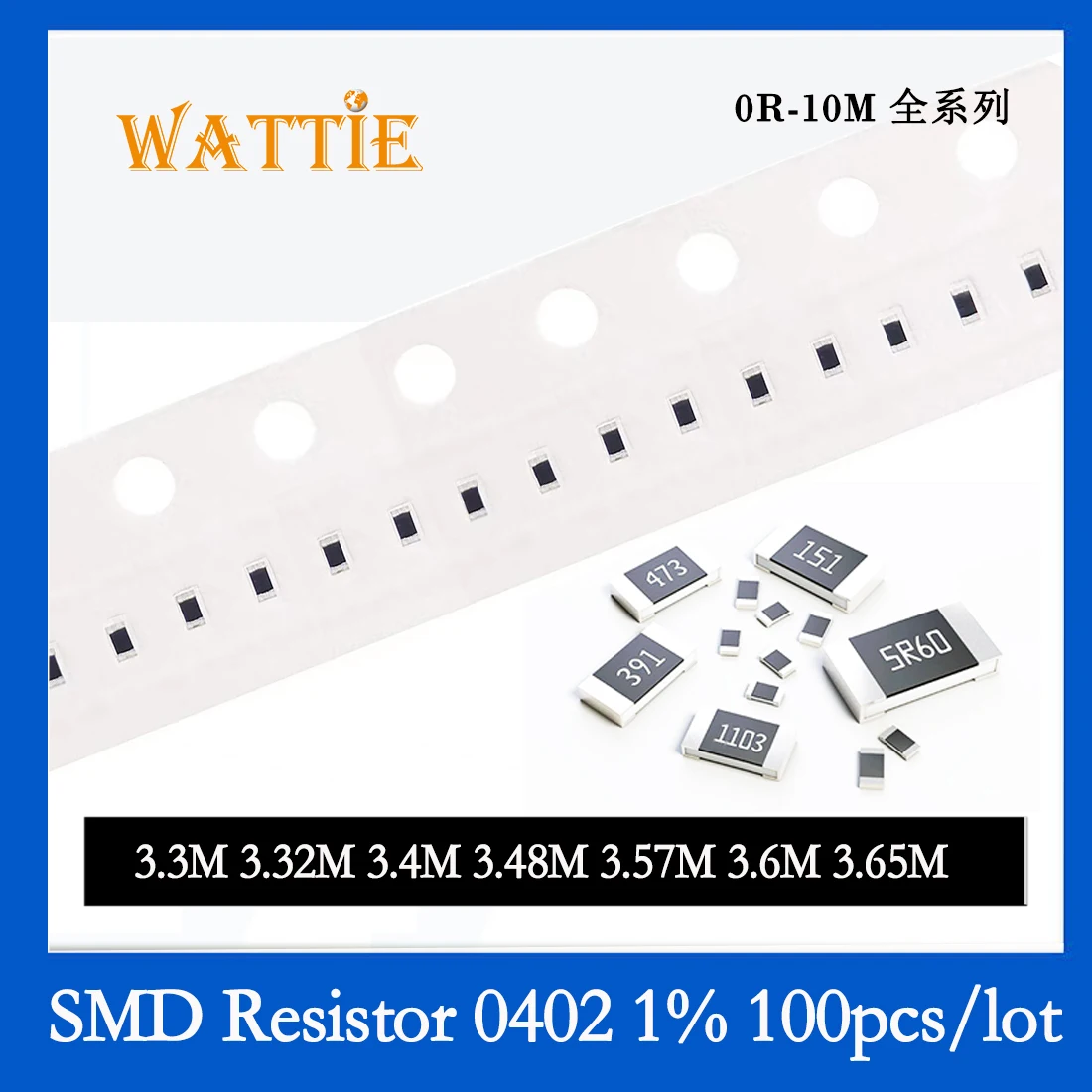 SMD резистор 0402 1% 3,3 М 3,32 М 3,4 М 3,48 М 3,57 М 3,6 М 3,65 М, 100 бр./лот микросхемные резистори 1/16 W 1.0 mm * 0,5 мм Изображение 0