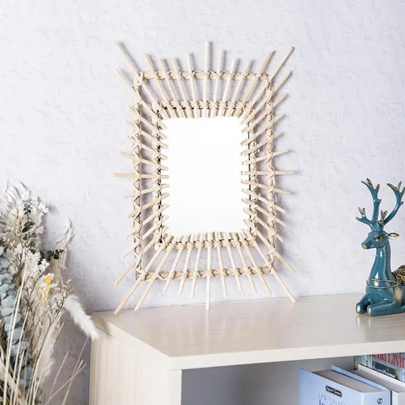 Тъкани огледален интериор, стенно огледало в ретро стил, боядисани стени, бамбук рама, тканое огледало за спалня, антре, баня Изображение 2
