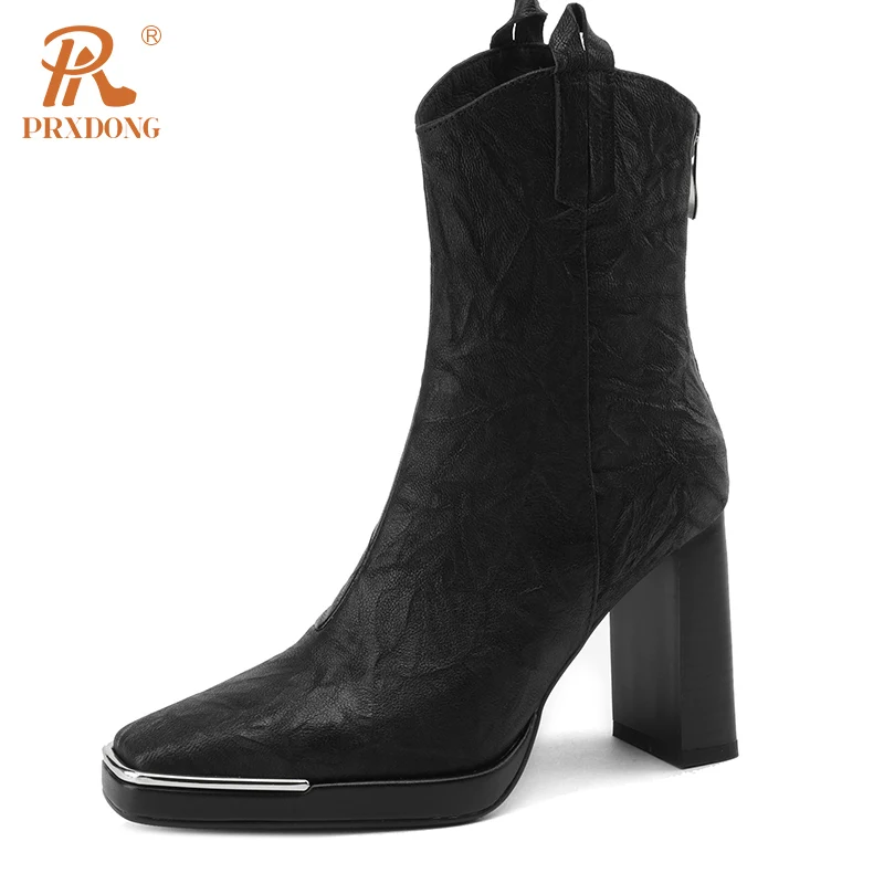PRXDONG Обувки от естествена кожа, дамски ботильоны на висок ток и платформа, черно-кафява рокля с цип, Есенно-зимни топли обувки 39 Изображение 1