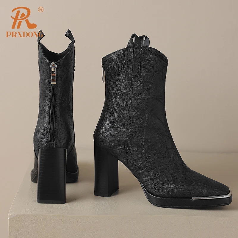 PRXDONG Обувки от естествена кожа, дамски ботильоны на висок ток и платформа, черно-кафява рокля с цип, Есенно-зимни топли обувки 39 Изображение 3