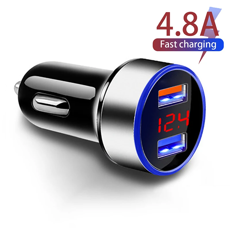 Зарядно за кола 4.8 A, адаптер за бързо зареждане на мобилен телефон за кола с led дисплей, зарядно за кола с два USB-болт, универсална Изображение 0