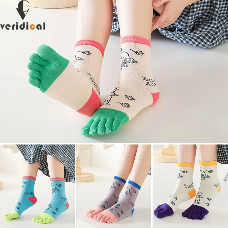 5 двойки модни женски къси чорапи, с хубави анимационни котка от чист памук млад мека ярки цветове Harajuku Happy 5 Finger Чорапи Момиче Изображение 0