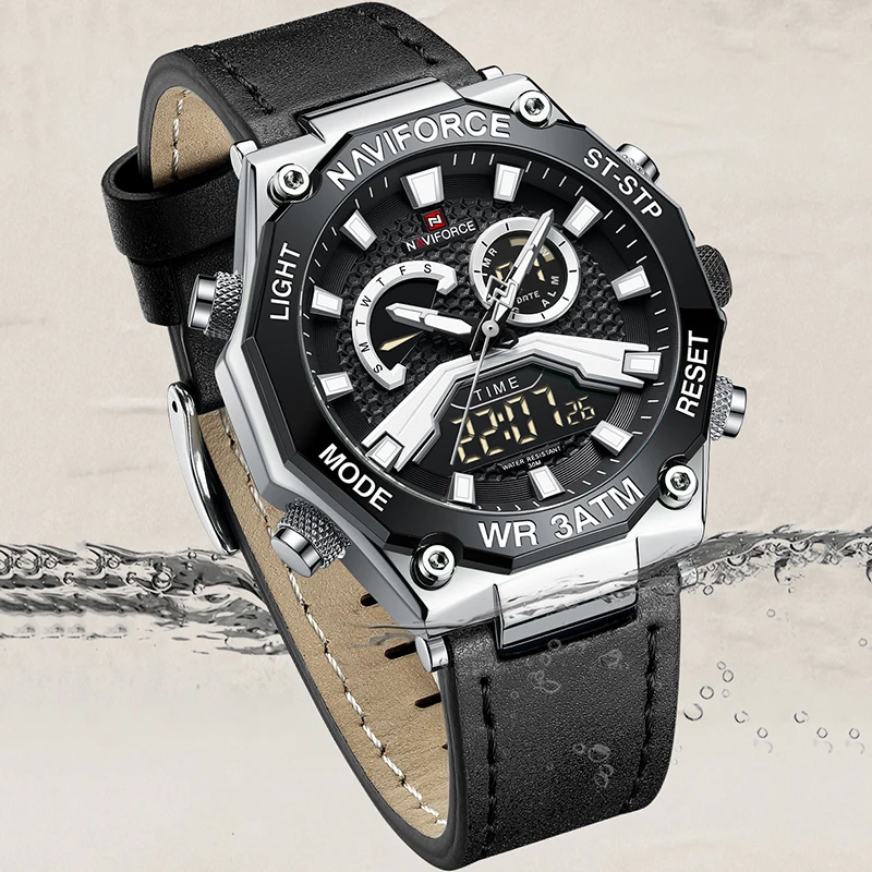 NAVIFORCE Оригиналната марка, модерен мъжки часовници, Луксозни светещи кварцов ръчен часовник с кожена каишка, спортни водоустойчиви часовници, мъжки подарък Изображение 4