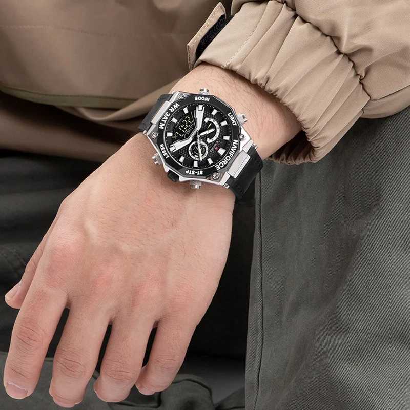 NAVIFORCE Оригиналната марка, модерен мъжки часовници, Луксозни светещи кварцов ръчен часовник с кожена каишка, спортни водоустойчиви часовници, мъжки подарък Изображение 5