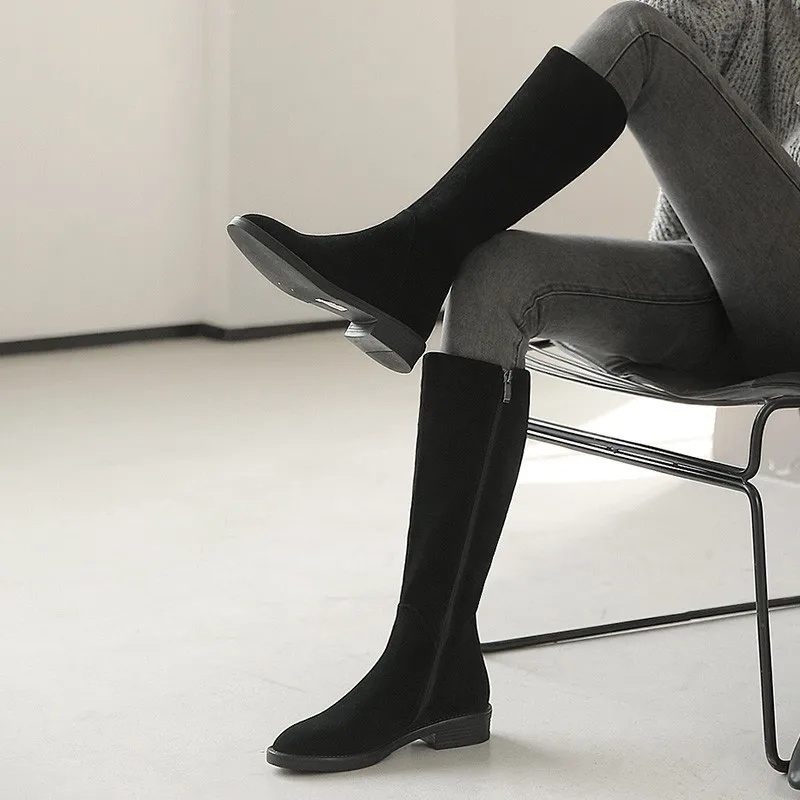FHANCHU/2023, женски престрелки ботуши до коляното, есенно-зимни обувки, обувки от флока, на нисък ток, с кръгли змияр, голям размер 34-41, черен, кафяв.Директен доставка Изображение 0