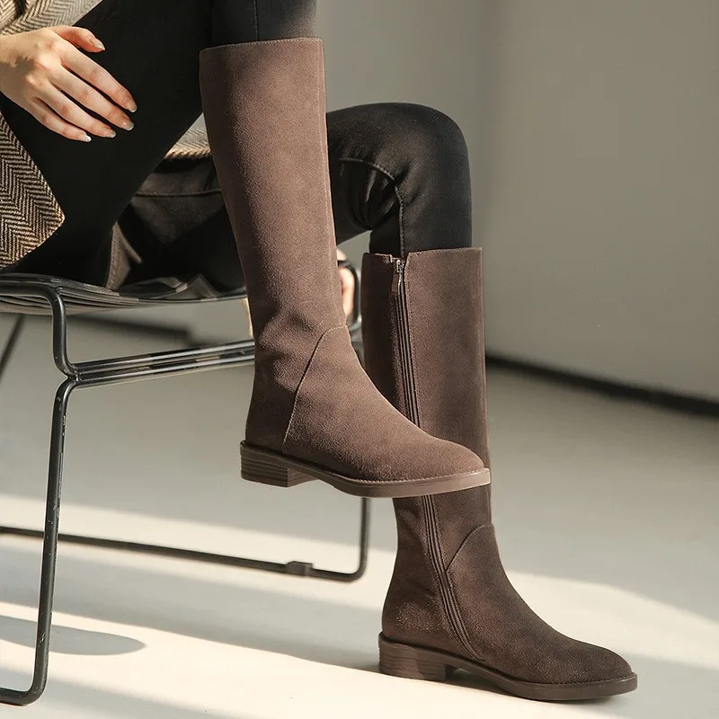 FHANCHU/2023, женски престрелки ботуши до коляното, есенно-зимни обувки, обувки от флока, на нисък ток, с кръгли змияр, голям размер 34-41, черен, кафяв.Директен доставка Изображение 1