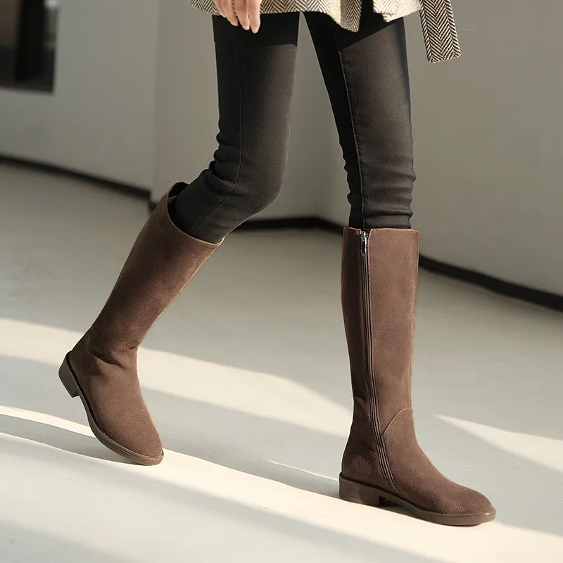 FHANCHU/2023, женски престрелки ботуши до коляното, есенно-зимни обувки, обувки от флока, на нисък ток, с кръгли змияр, голям размер 34-41, черен, кафяв.Директен доставка Изображение 3