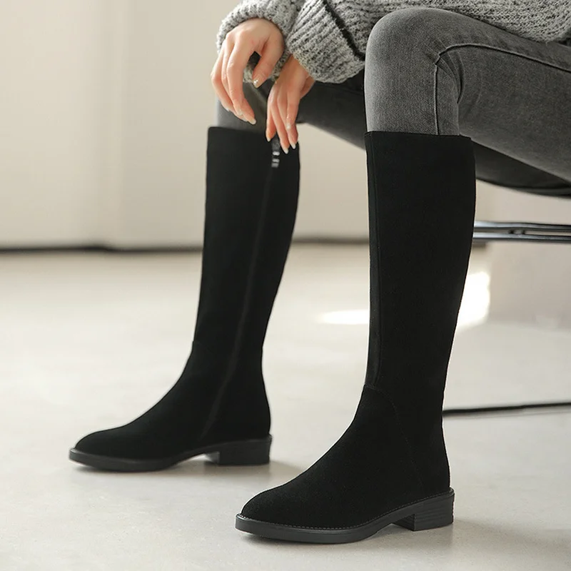 FHANCHU/2023, женски престрелки ботуши до коляното, есенно-зимни обувки, обувки от флока, на нисък ток, с кръгли змияр, голям размер 34-41, черен, кафяв.Директен доставка Изображение 4