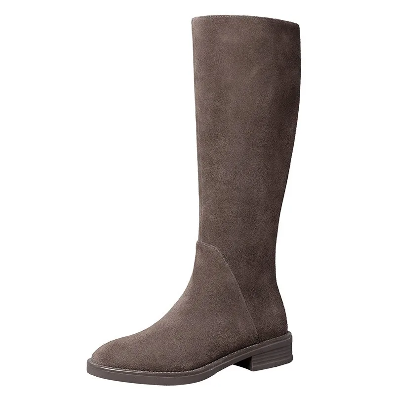 FHANCHU/2023, женски престрелки ботуши до коляното, есенно-зимни обувки, обувки от флока, на нисък ток, с кръгли змияр, голям размер 34-41, черен, кафяв.Директен доставка Изображение 5